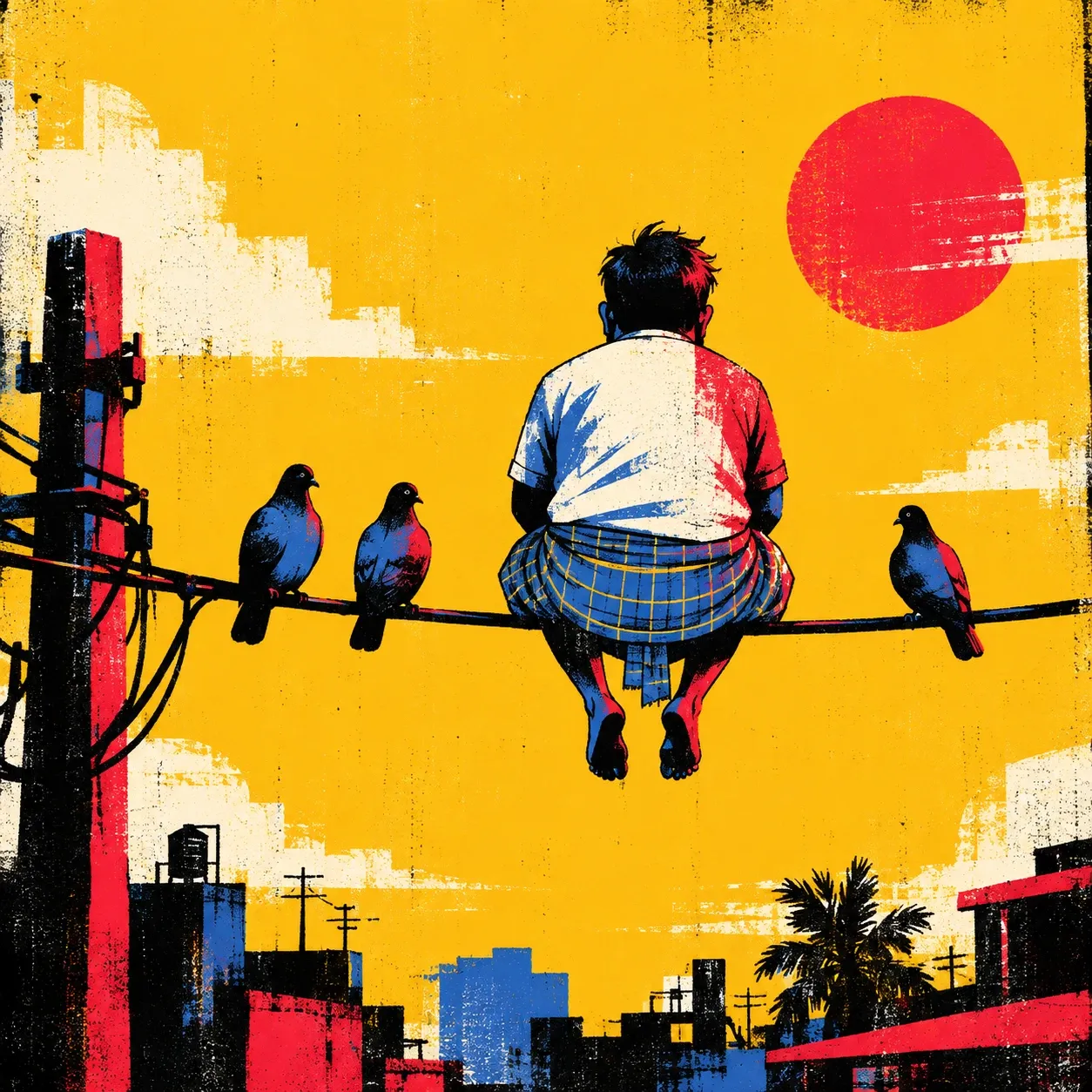 Pop-art illustration of a boy on a wire with pigeons