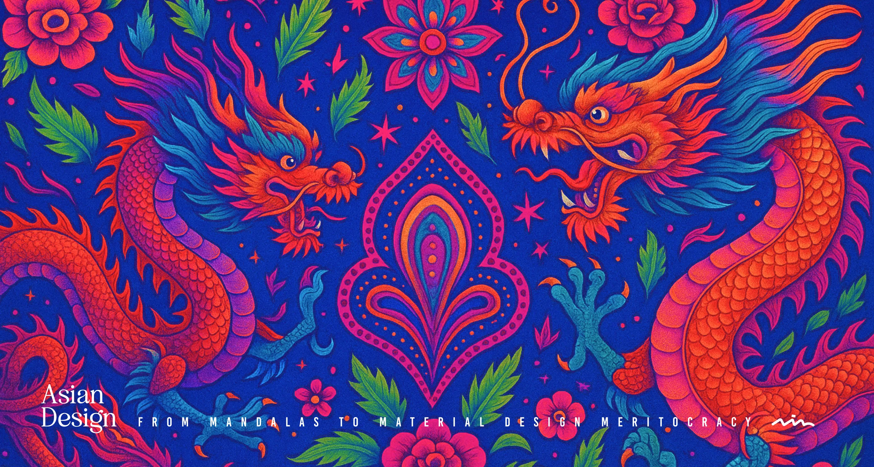 Vibrant Asian design illustration featuring two traditional dragons, floral patterns, and mandala-inspired central motif in bold pink, blue, and orange tones.