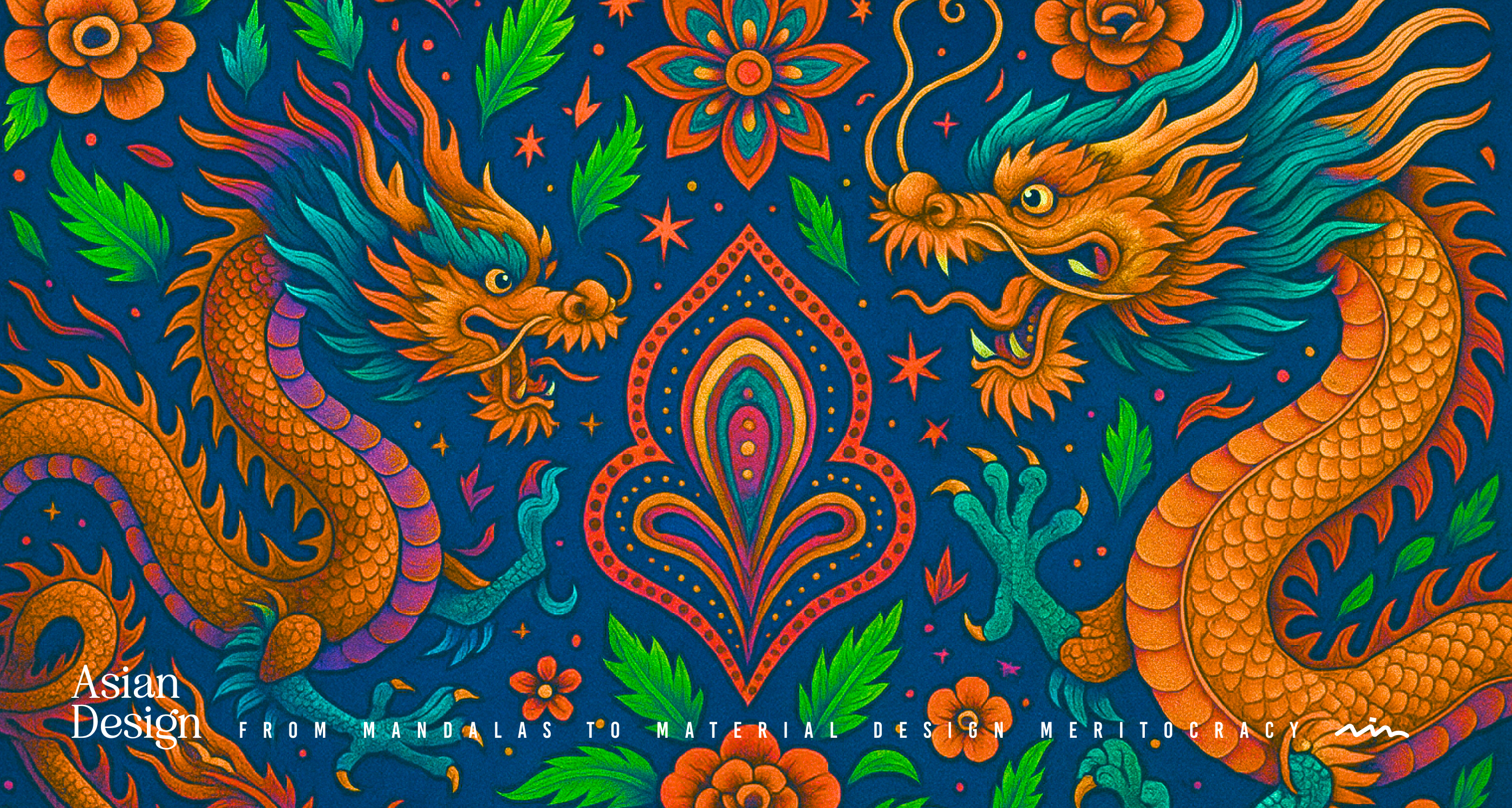 Vibrant Asian design illustration featuring two traditional dragons, floral patterns, and mandala-inspired central motif in bold pink, blue, and orange tones.
