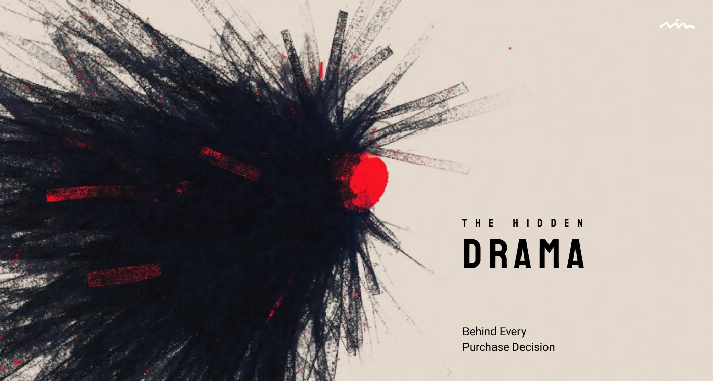 Abstract illustration with a dark explosion-like texture surrounding a bright red core, symbolizing inner conflict. Text reads: ‘The Hidden Drama – Behind Every Purchase Decision.